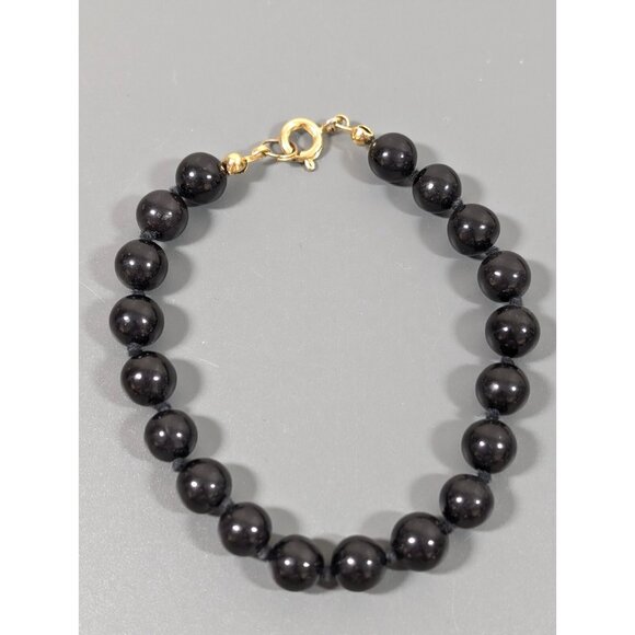 Vintage Black Glass Round 8mm Bead Knotted Bracelet Classic Retro 7 inches - Picture 7 of 11